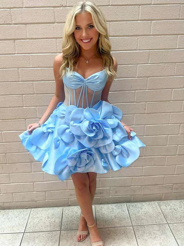 Blue A-Line Spaghetti Straps Short Floral Satin Homecoming Dress