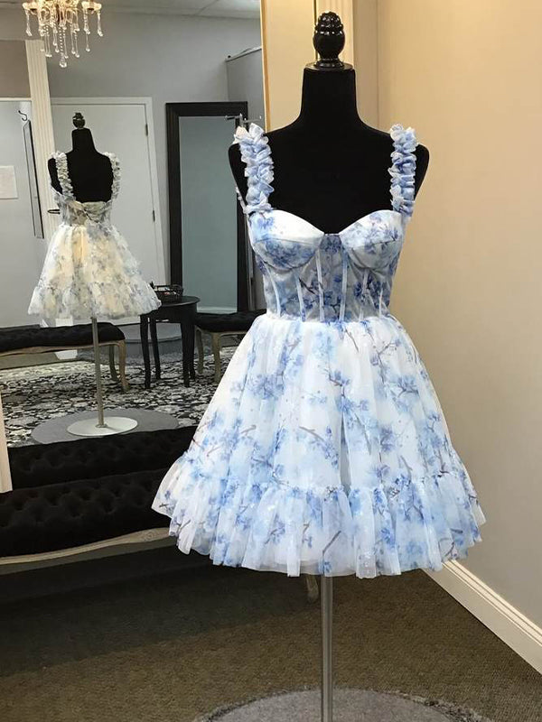 A-Line Straps Floral Print Tulle Homecoming Dress - FashionDia