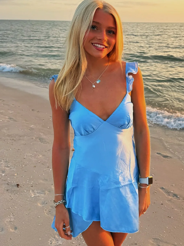 A-Line Straps V-Neck Satin Sleeveless Short Homecoming Dress - FashionDia