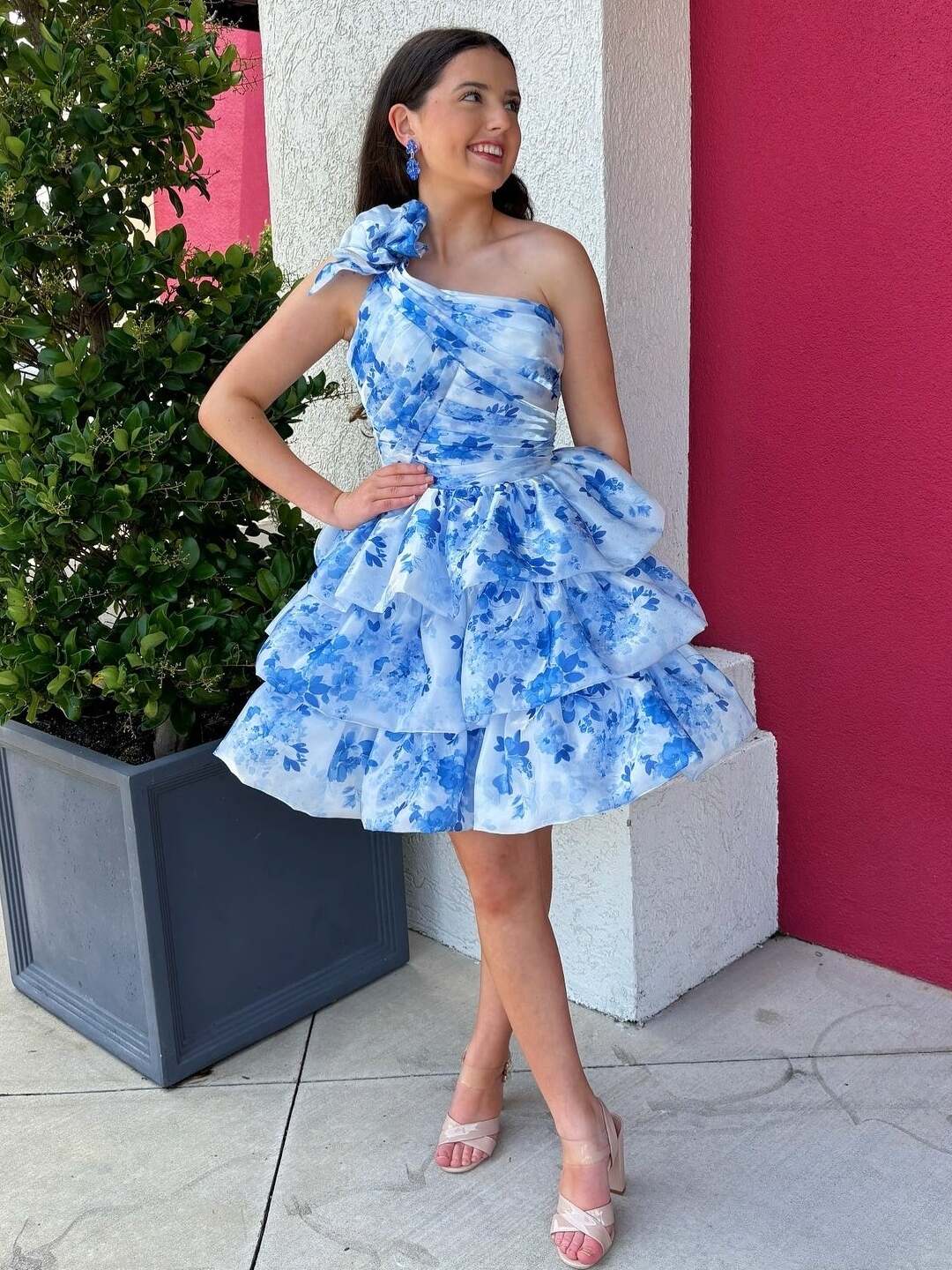 A Line One Shoulder Printed Short Homecoming Dress with 3D Flowers