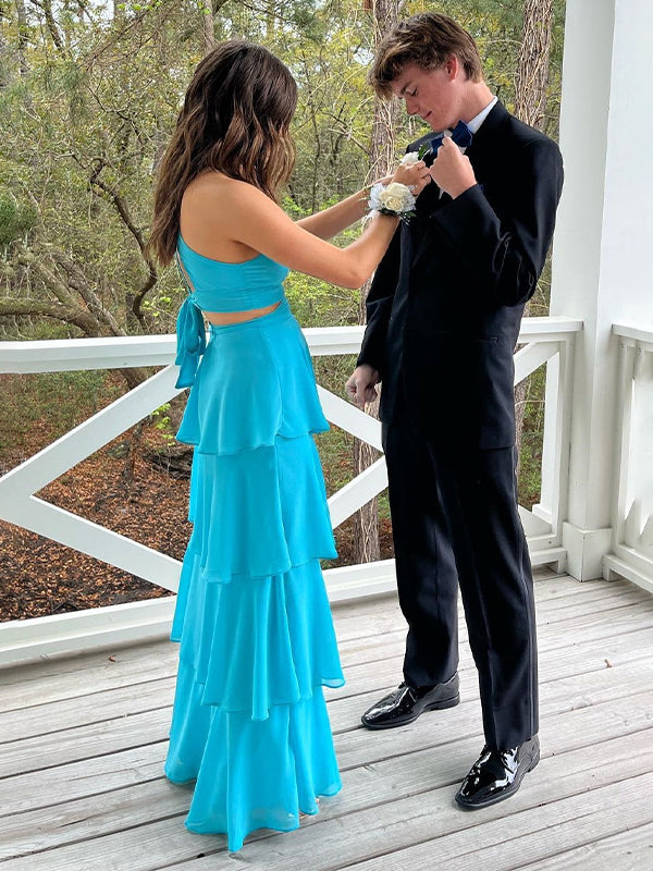 Blue A Line V-Neck Tiered Long Prom Dress with Cut-out