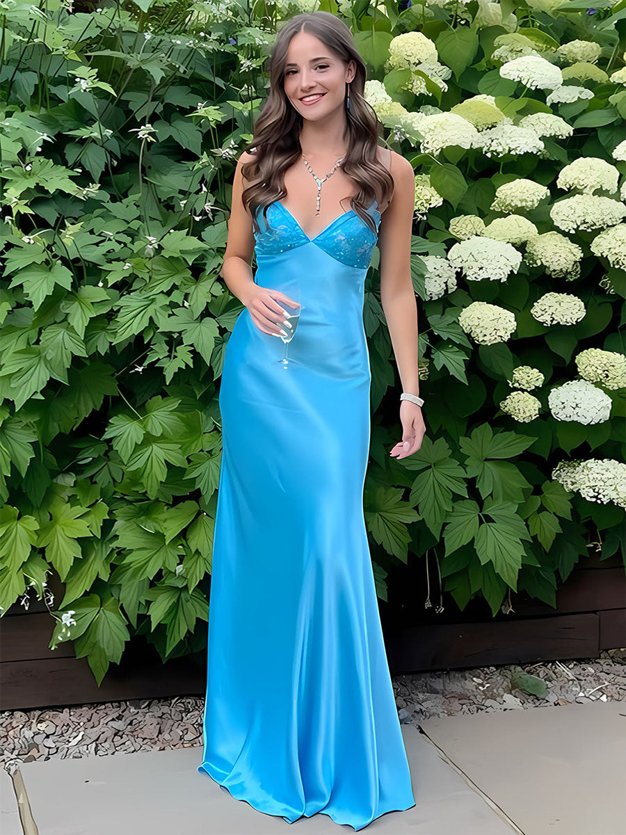 Blue A Line V-neck Beaded Back Tie Long Prom Dress