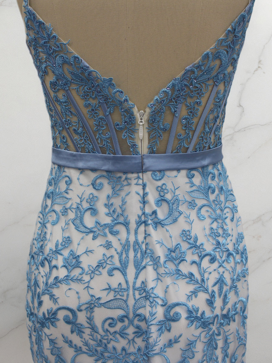 Blue Floral Mermaid Sweetheart Spaghetti Straps Long Corset Prom Dress