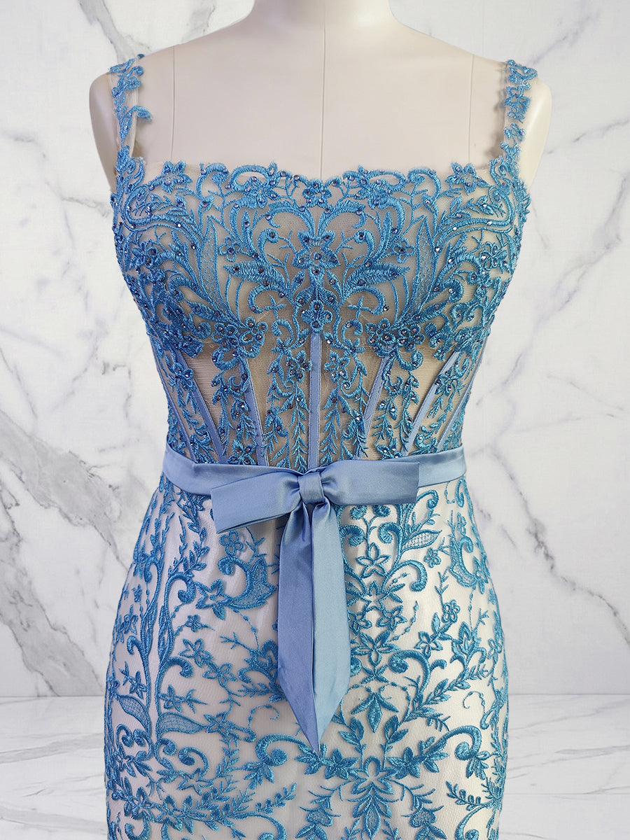 Blue Floral Off-Shoulder Lace Bodycon Homecoming Dress with Bow