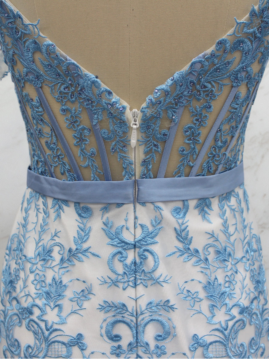 Blue Floral Off-Shoulder Lace Bodycon Homecoming Dress with Bow