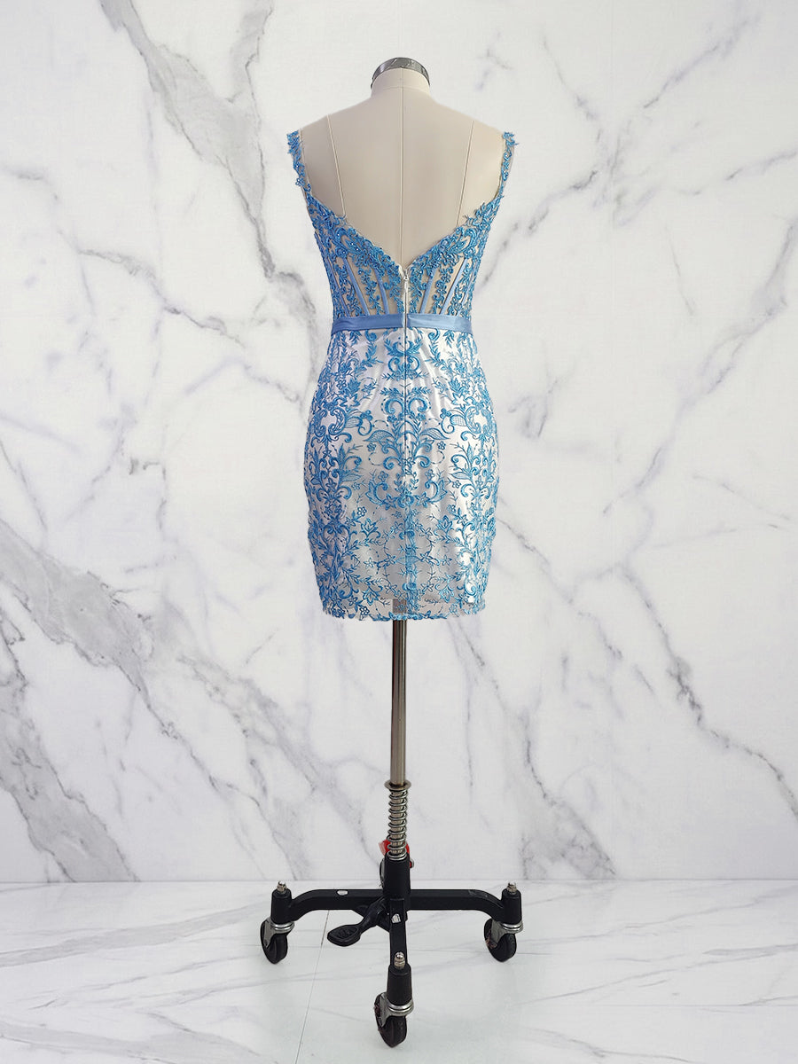 Blue Floral Off-Shoulder Lace Bodycon Homecoming Dress with Bow