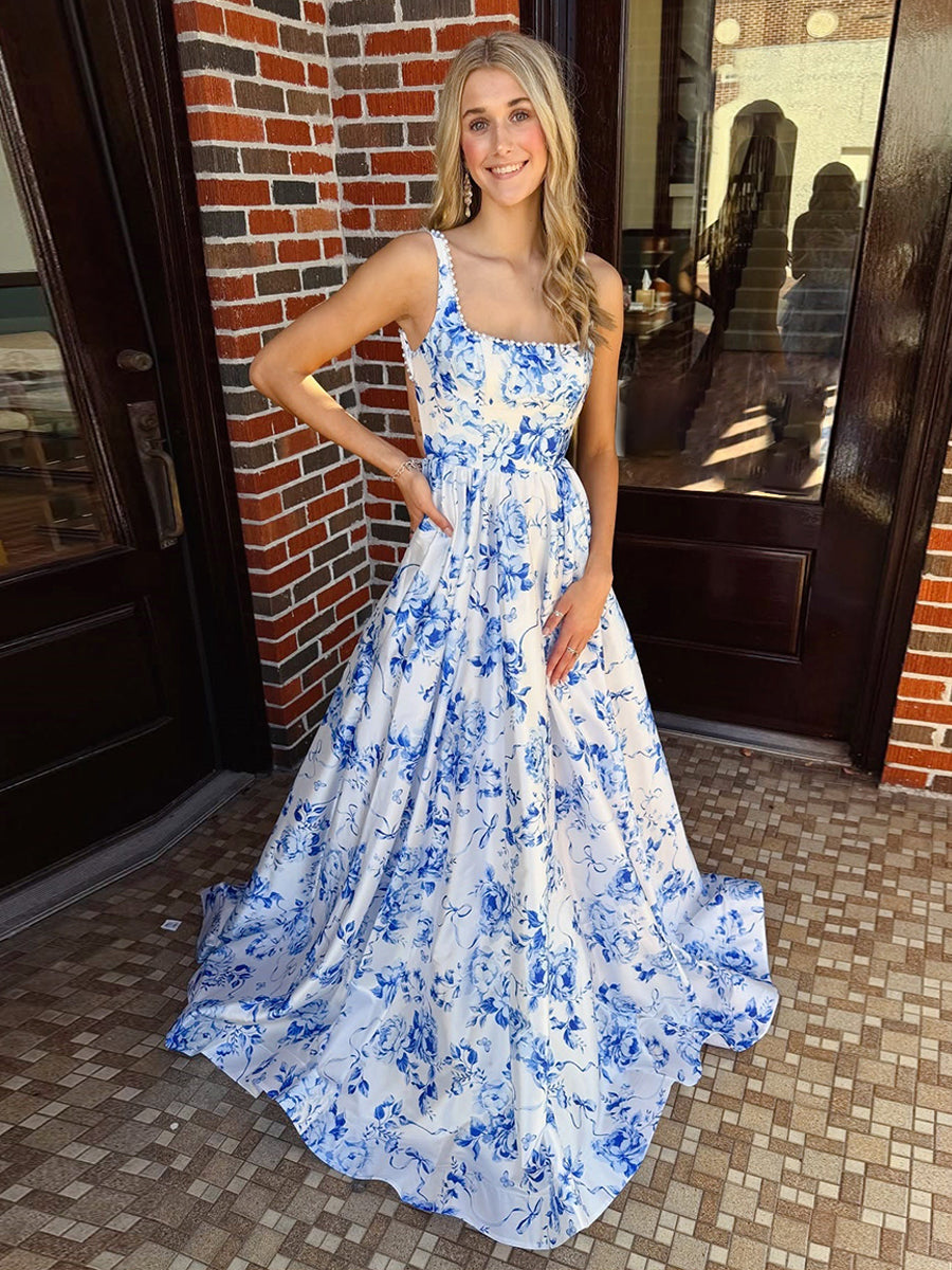 Blue Floral Print Satin Square Neckline A-Line Long Prom Dress - FashionDia