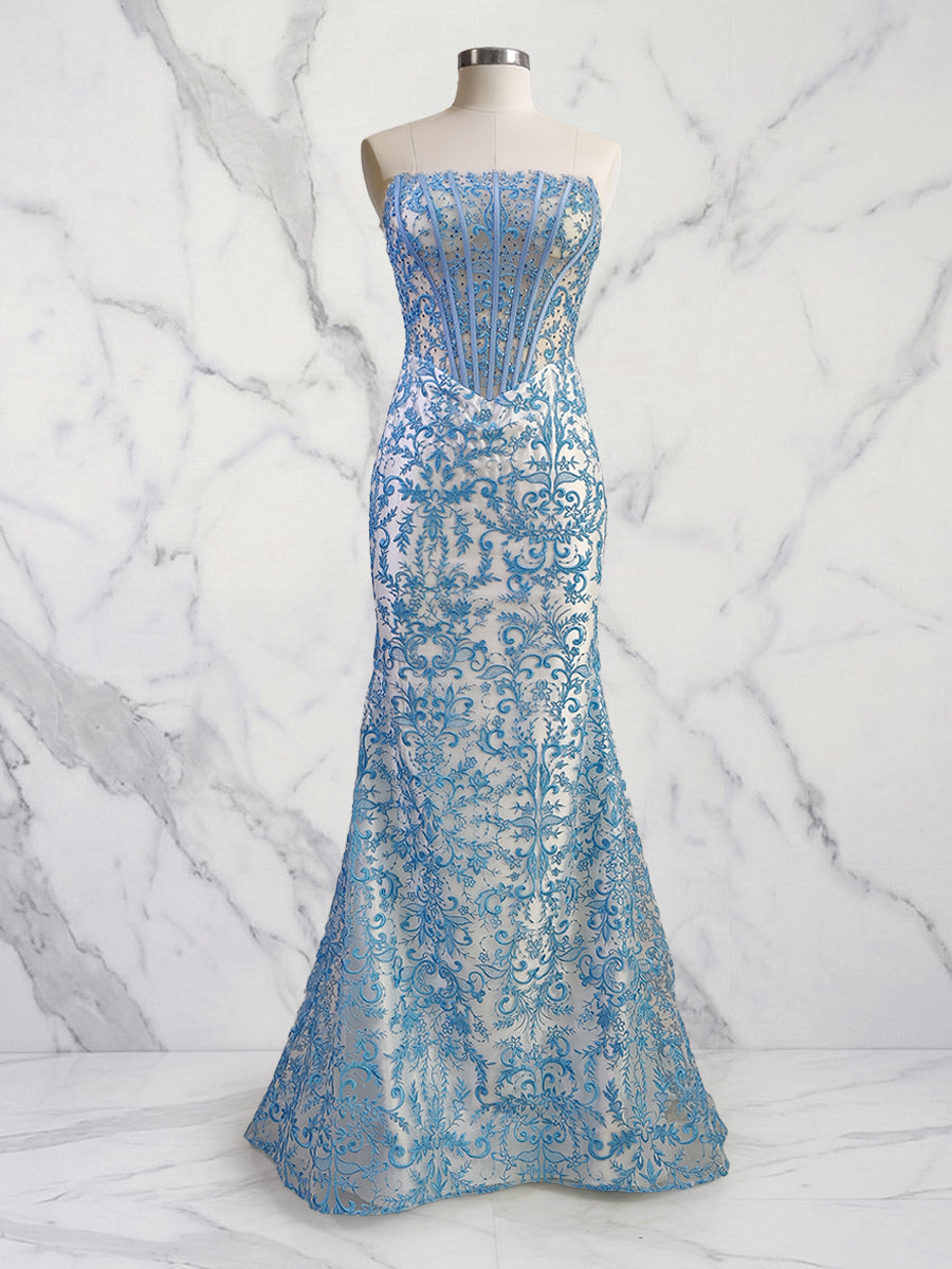 Blue Floral Strapless Pearl Beaded Ruched Long Corset Prom Dress - FashionDia