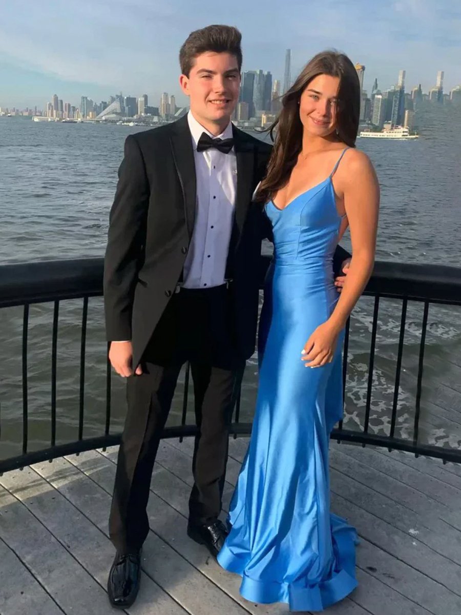 Blue Mermaid Spaghetti Straps Satin Backless Long Prom Dress - FashionDia