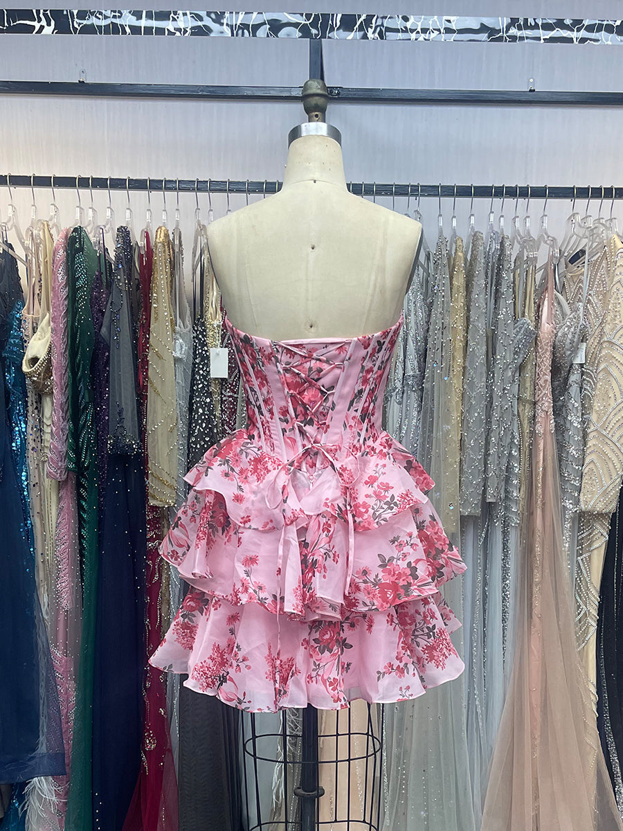 Print A-Line Sweetheart Strapless Appliquues Tiered Homecoming Dress