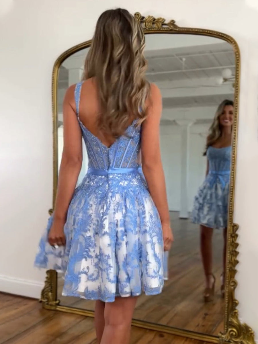 Blue Print A Line Floral Corset Short Homecoming Dress With Bow