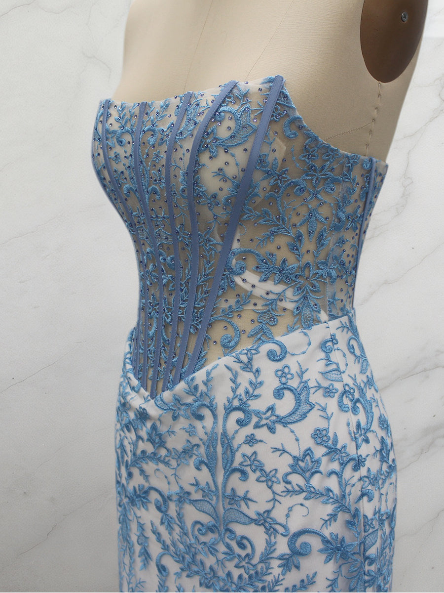 Blue Floral Strapless Pearl Beaded Ruched Long Corset Prom Dress