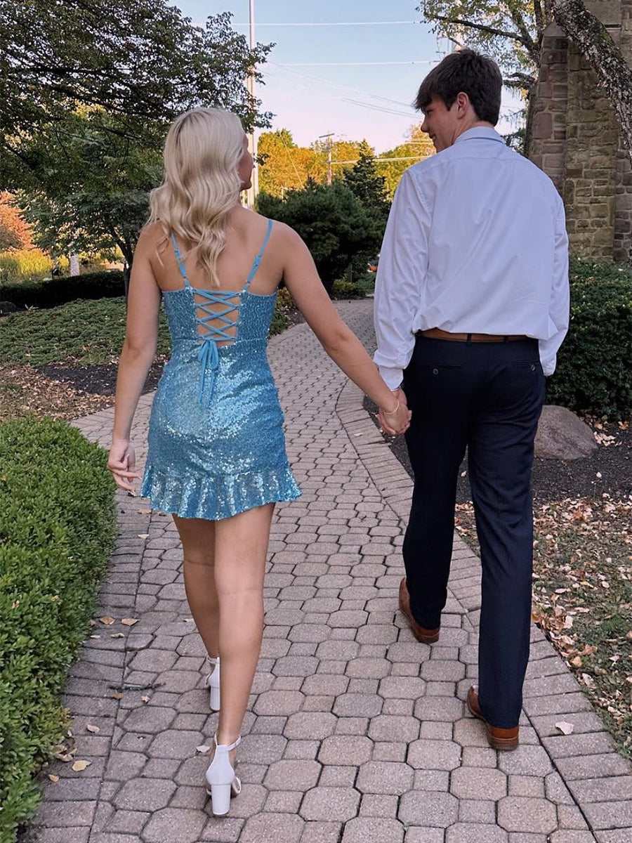 Strapless Ruffle Hem Sequin Short Homecoming Dress
