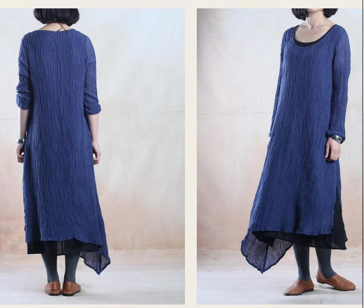 Blue layered pleated long linen dress maxis