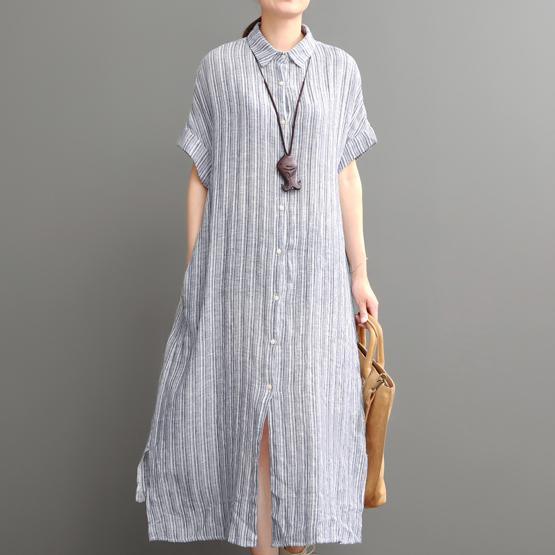 Blue open hem linen maxi dress plus size cotton dress