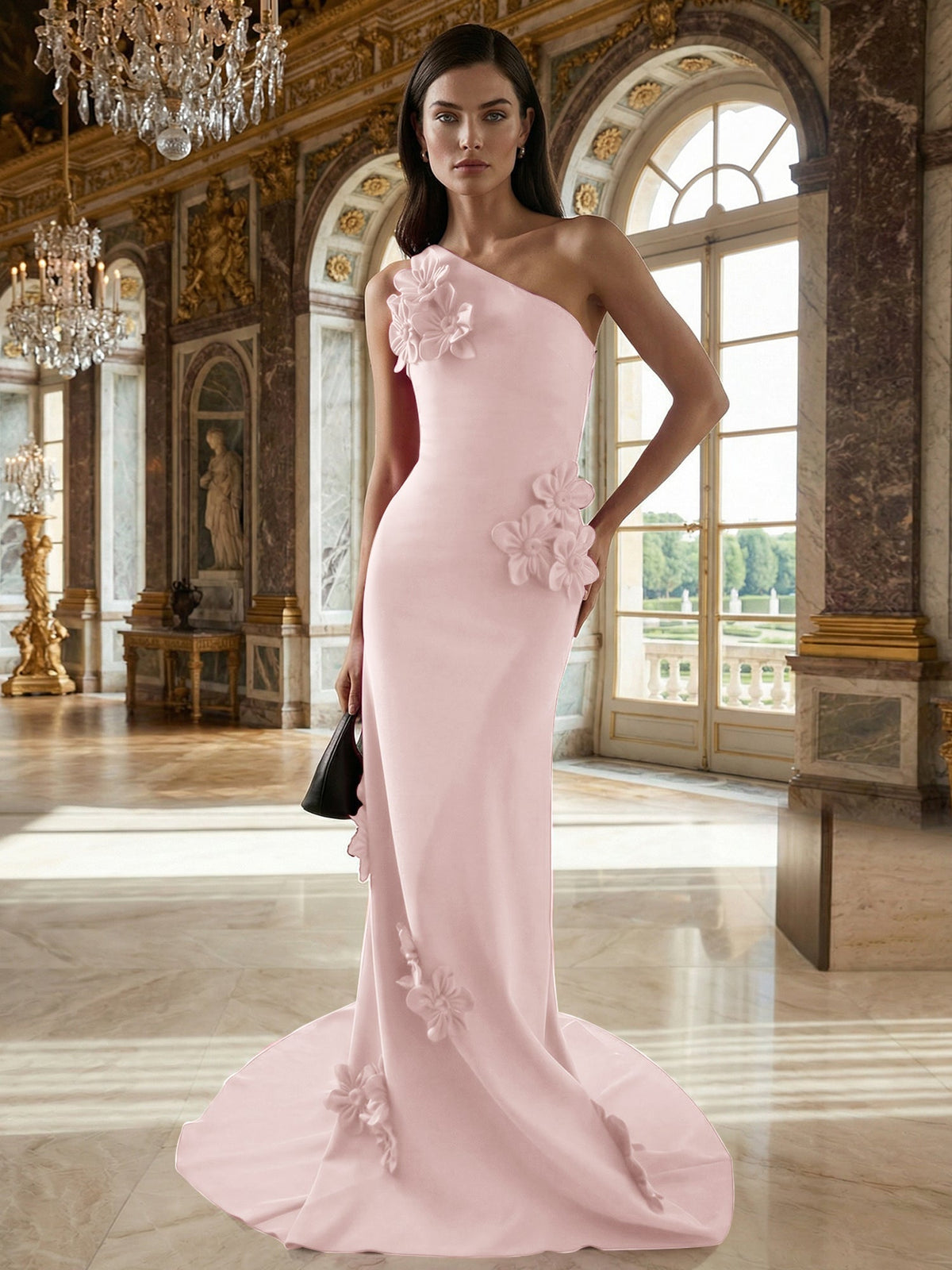 A-Line One-Shoulder Sleeveless Floor-Length Stretch Crepe Dress With 3D Flowers - View 2 | FashionDia