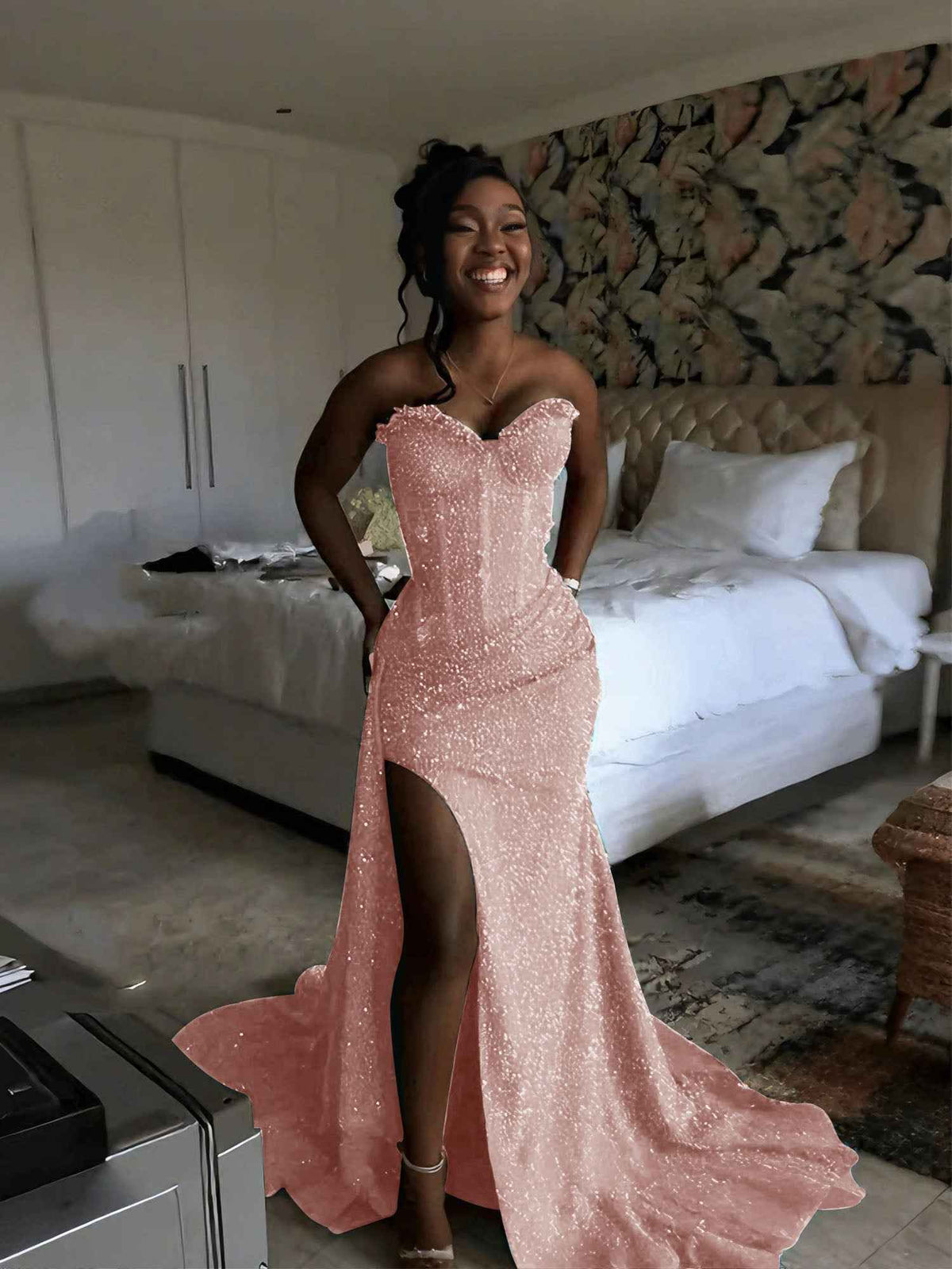 Glitter Strapless Mermaid Sequined Long Prom Dress with Slit (ZD17399)