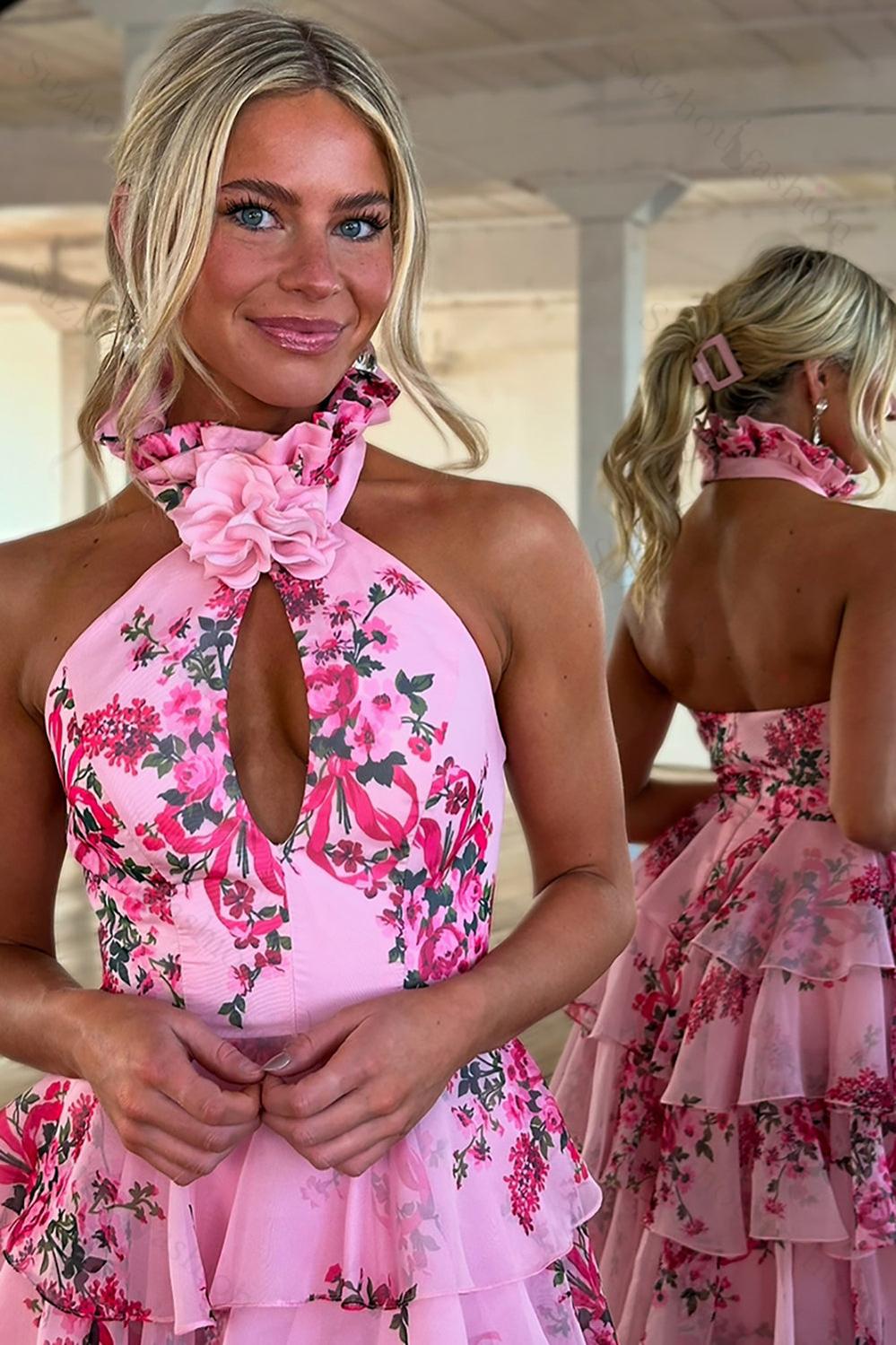 Blush Prom Dress Floral Ruffled Halter Formal Dress With Slit