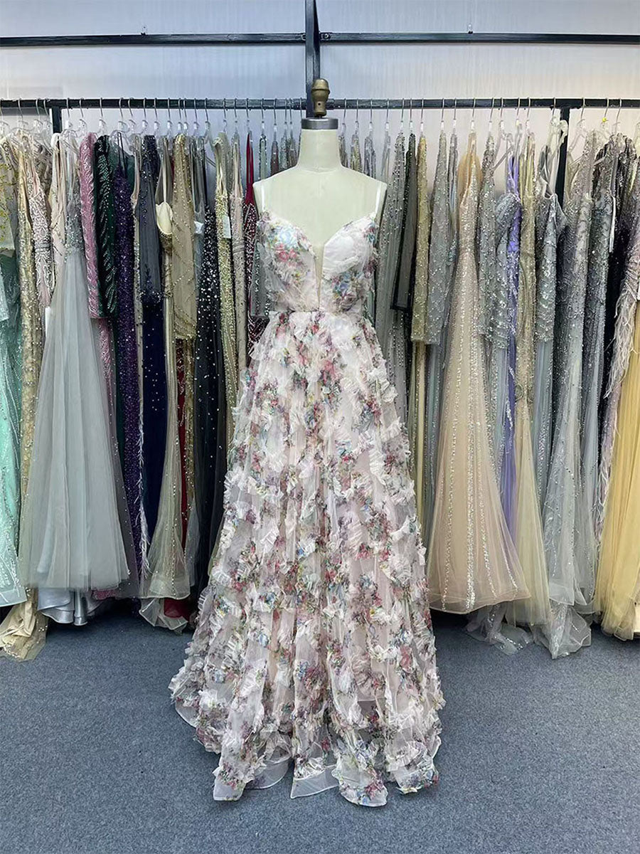 Blush Floral A-Line Spaghetti Straps Prom Dress with Vertical Ruffles
