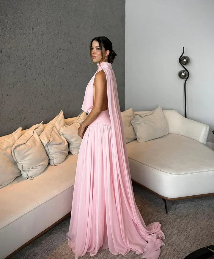 Blush Pink Chiffon Halter Neck Open Back Maxi Dress J10035