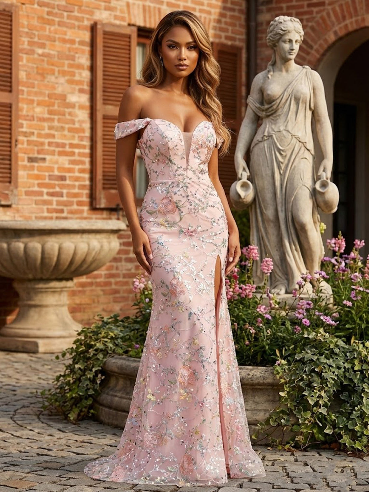 Blush Pink Floral Embroidered Off-the-Shoulder Long Prom Dress - FashionDia
