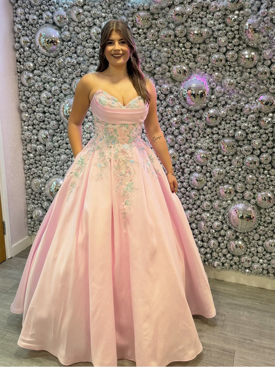 Blush Pink Floral Strapless Embroidered Satin Prom Dress with Pockets - FashionDia