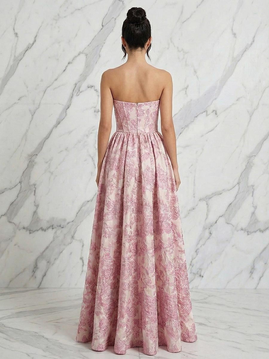 Blush Pink Jacquard Strapless Corset Bodice Long Prom Dress with High Slit