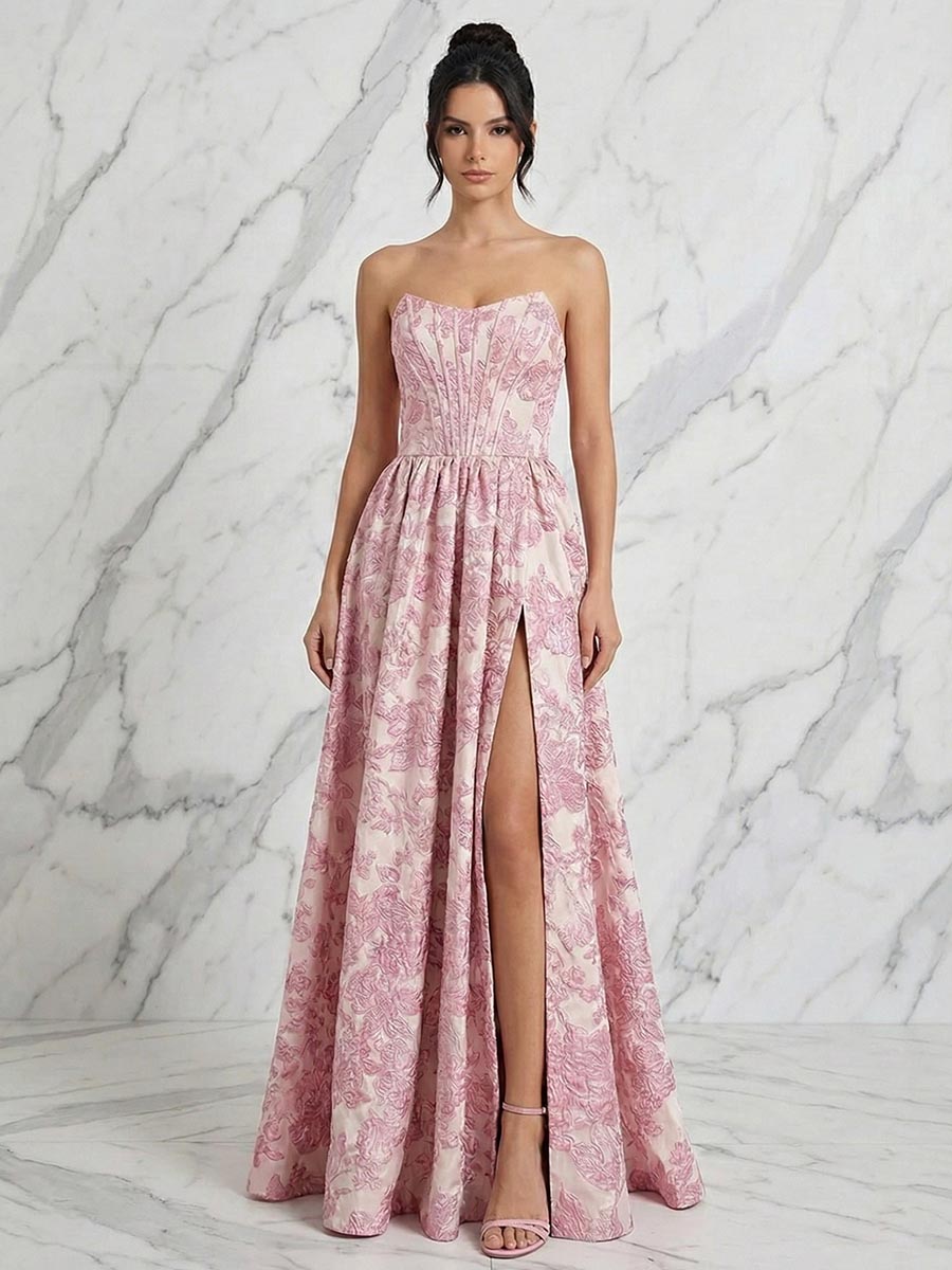 Blush Pink Jacquard Strapless Corset Bodice Long Prom Dress with High Slit - FashionDia