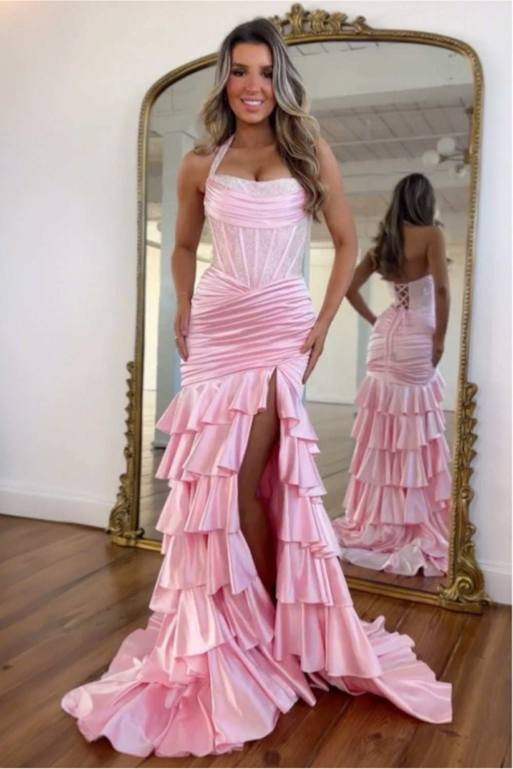 Gorgeous Mermaid Halter Neck Royal Blue Corset Prom Dress with Beading Ruffles