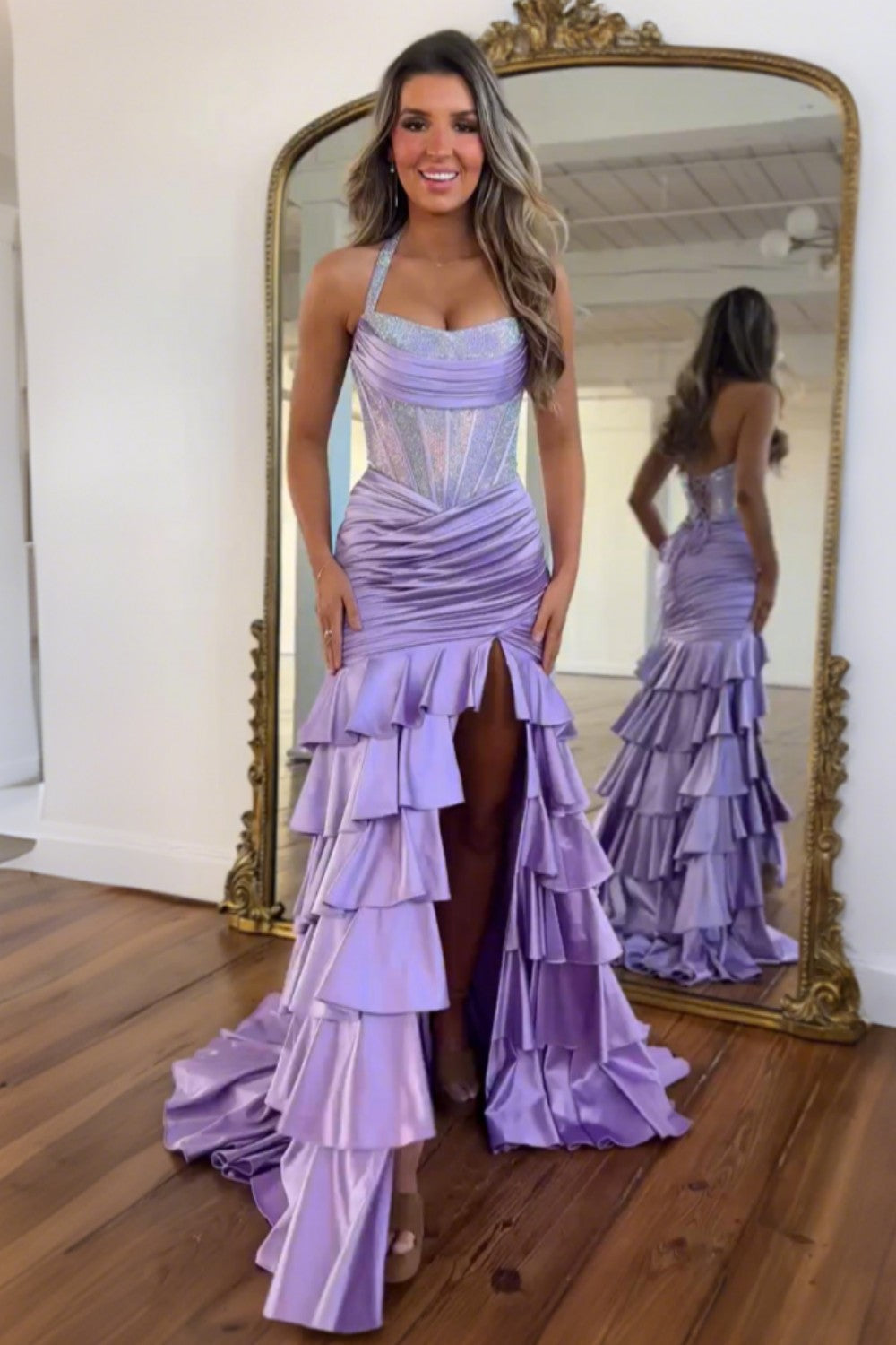Gorgeous Mermaid Halter Neck Royal Blue Corset Prom Dress with Beading Ruffles