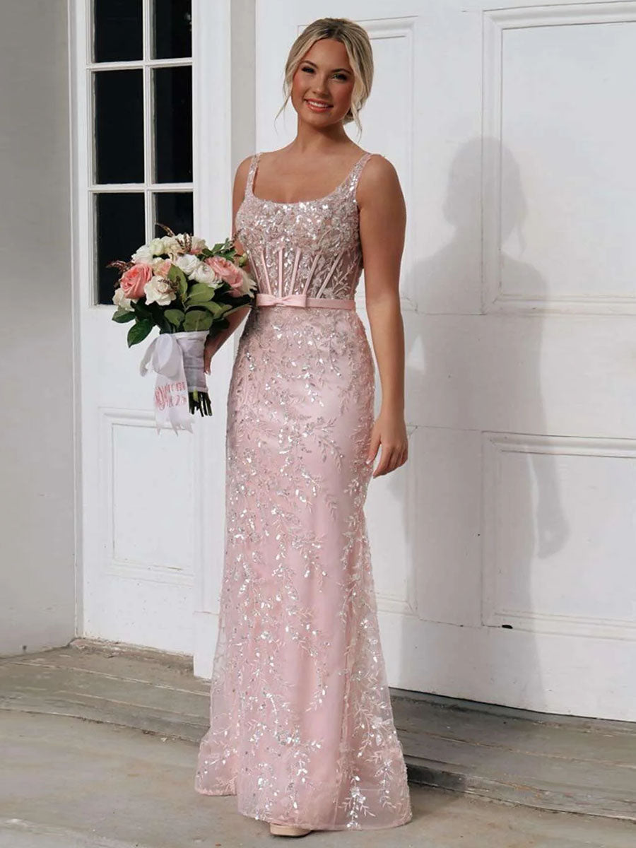 Blush Pink Square Neck Sequin Prom Dress with Satin Bow Belt - FashionDia