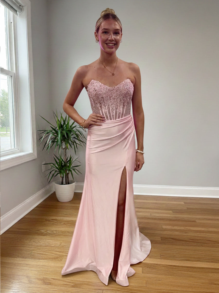 Blush Pink Strapless Corset Prom Dress with Thigh-High Slit