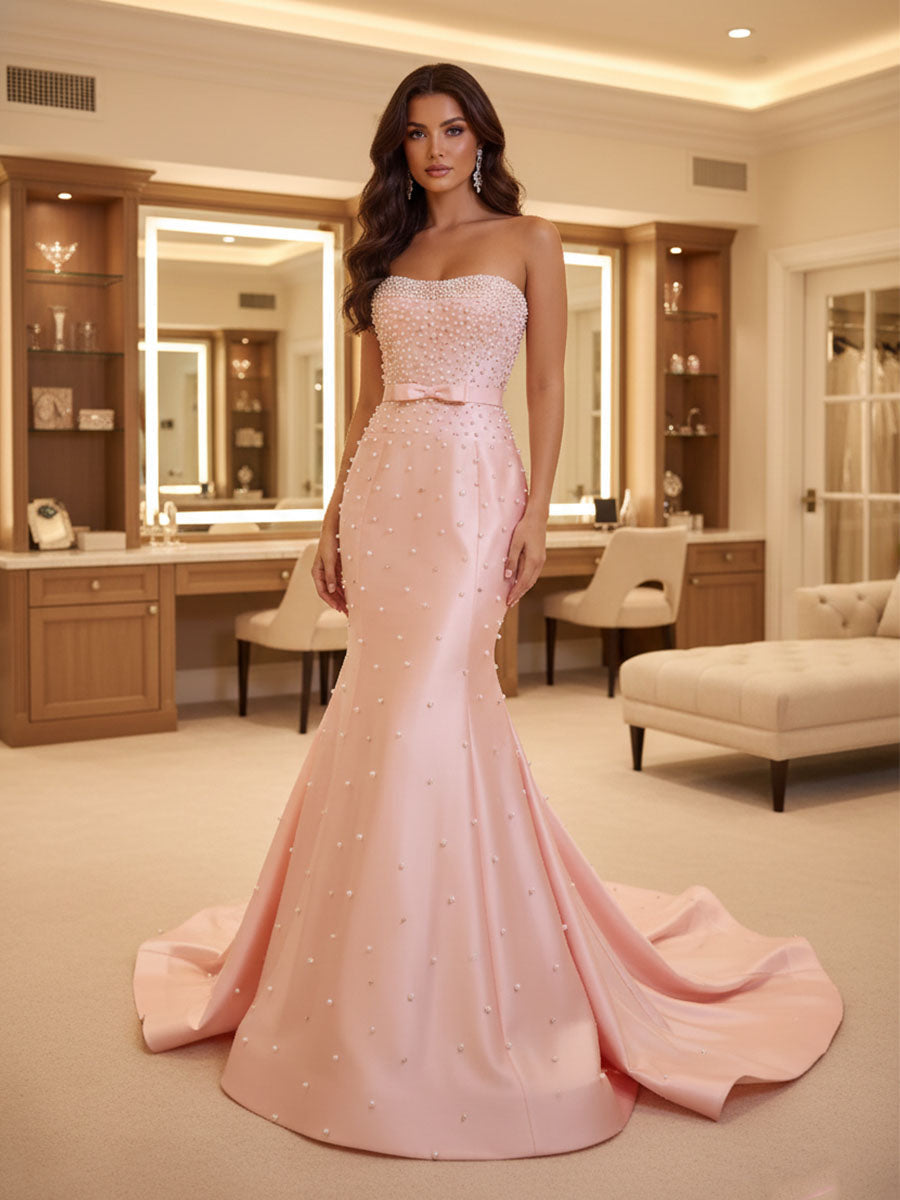 Blush Pink Strapless Pearl Beading Mermaid Prom Dress with Bow Belt - FashionDia