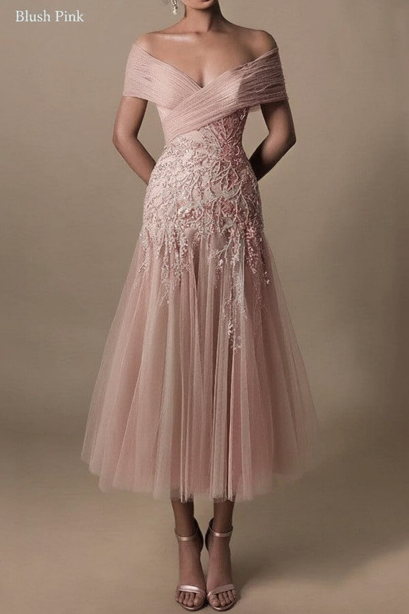 Gorgeous Short Long Off-the-Shoulder Beadings Beach Bridal Dress With Lace