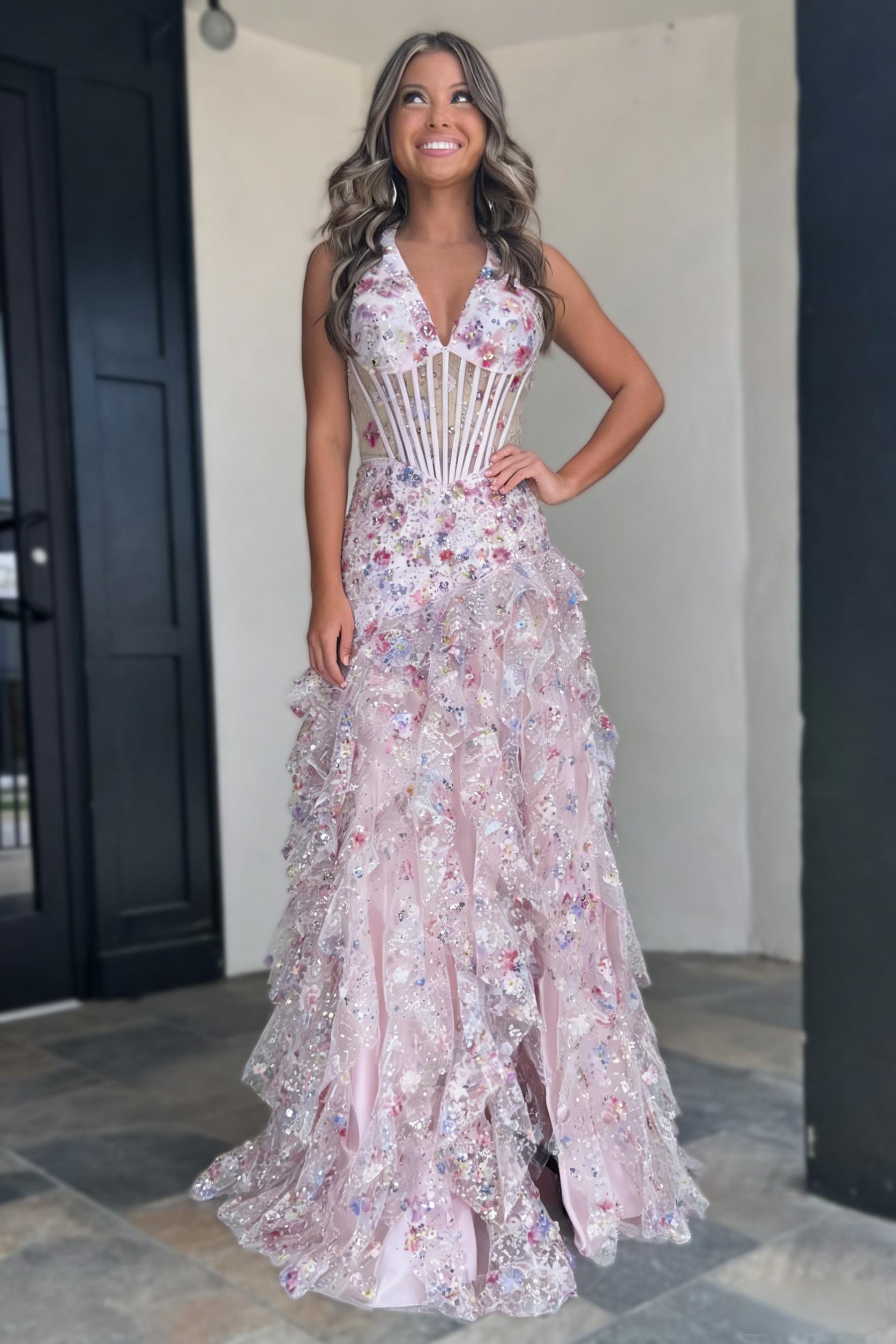 Gorgeous A Line Halter Neck Pink Floral Printed Corset Prom Dress with Ruffles