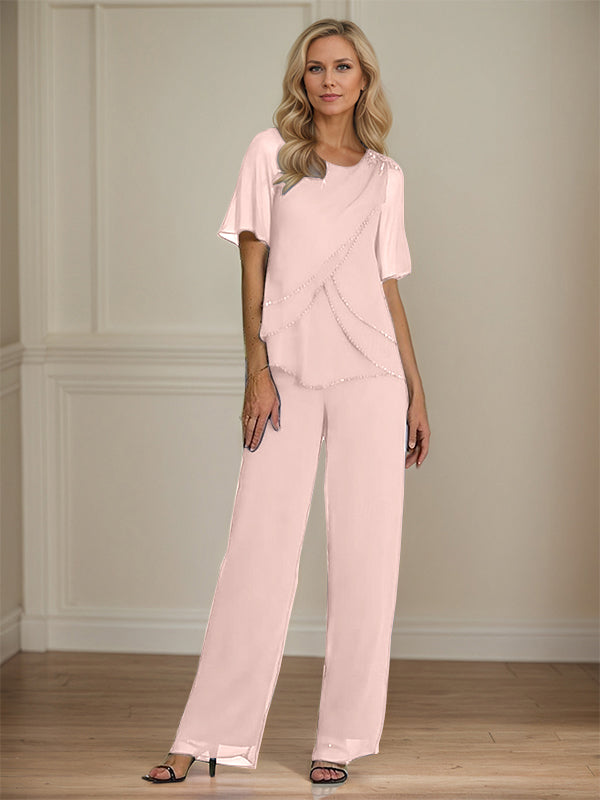 2 Piece Jumpsuit / Pantsuit Crew Neck Floor Length Chiffon Mother of the Bride Dress