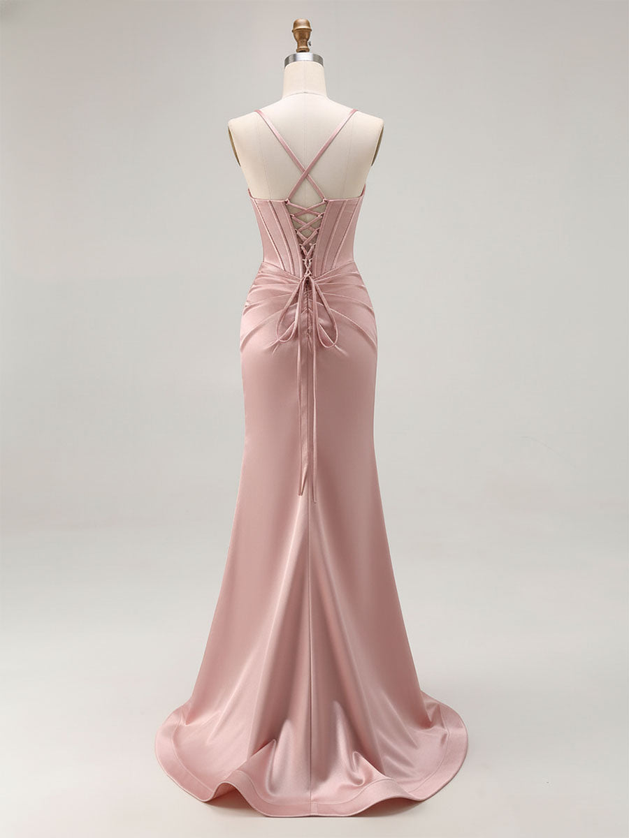 Pink Mermaid Cut-Out Satin Long Prom Dress with Slit