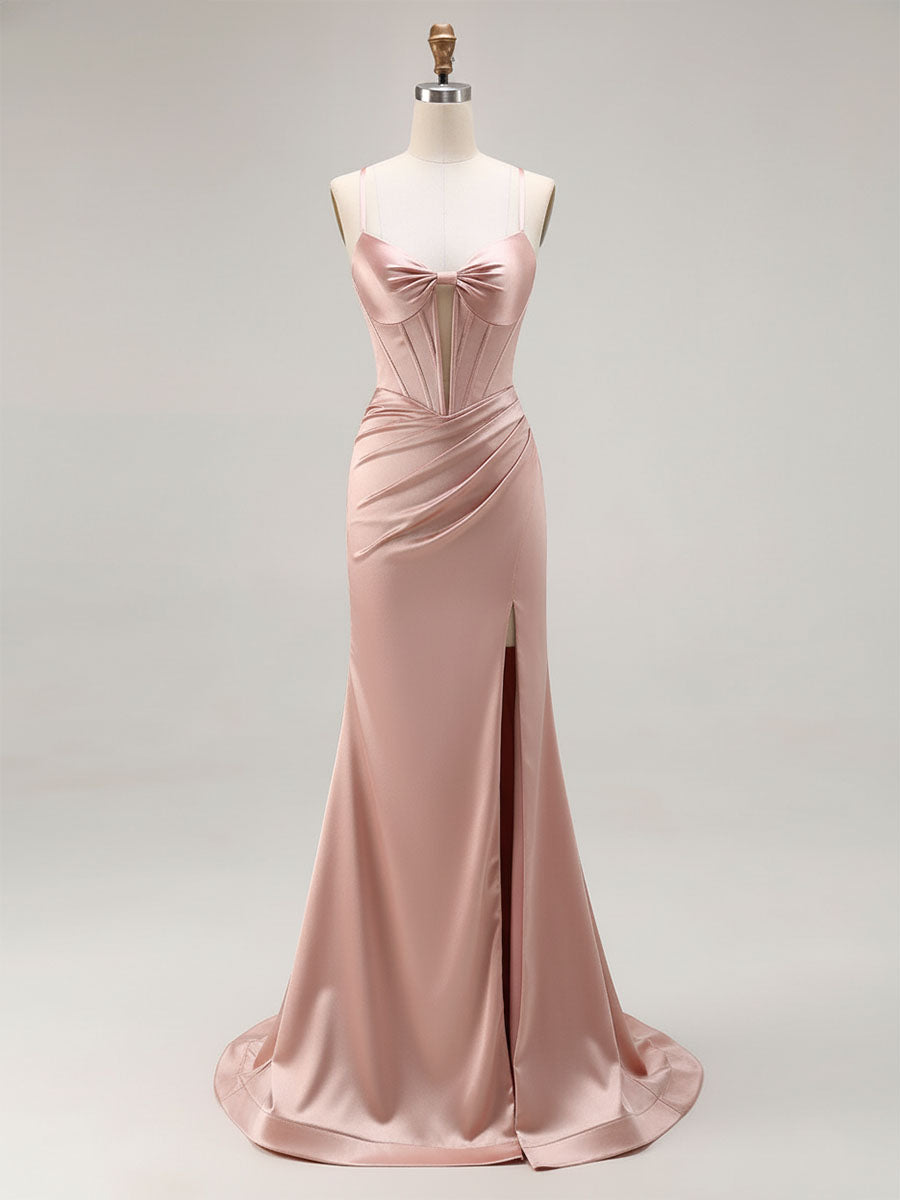 Pink Mermaid Cut-Out Satin Long Prom Dress with Slit