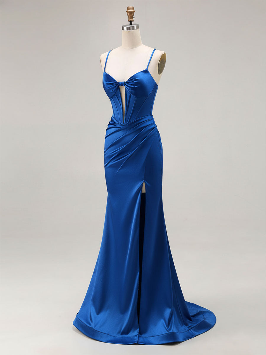 Pink Mermaid Cut-Out Satin Long Prom Dress with Slit