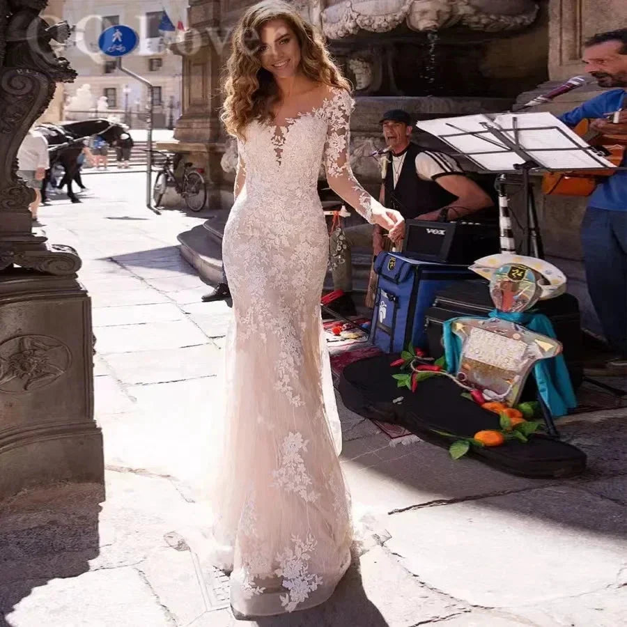 BoHo Mermaid Wedding Dress Sexy V-neck Vestidos De Novia Appliques Long Sleeves Vestido De Noiva Elegant Lace Robe De Mariée (ZD14033)