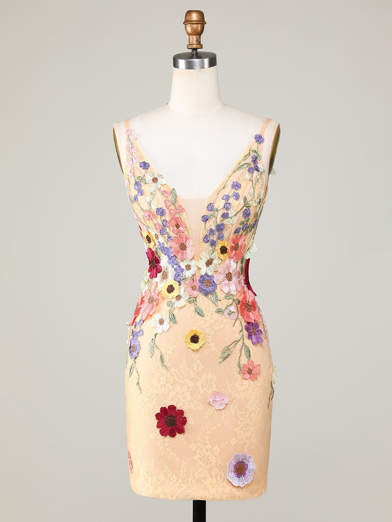 Deep V-Neck Champagne Short Homecoming Dress with 3D Flowers - Fashionpara