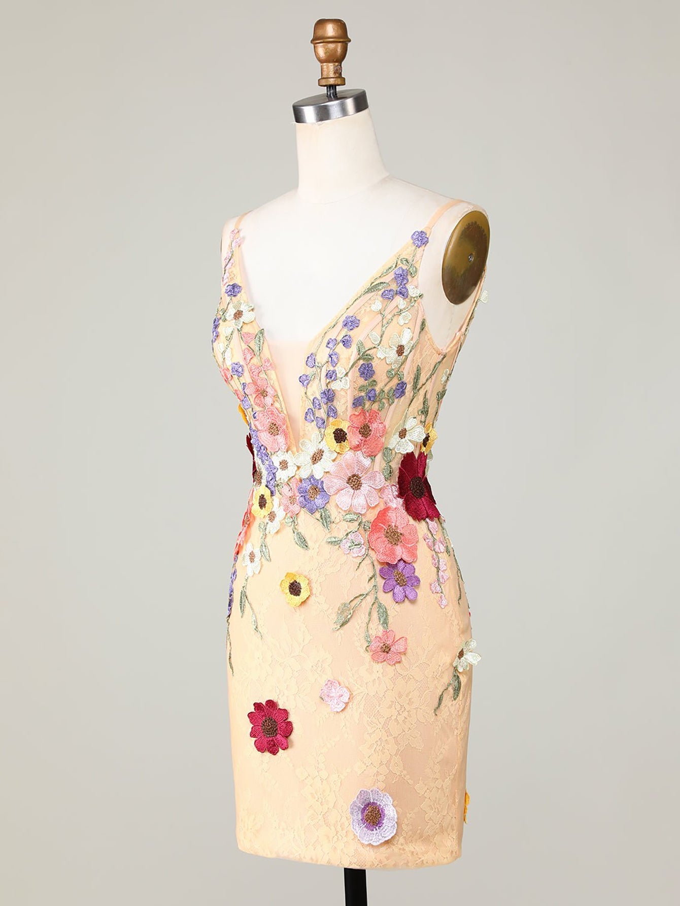 Deep V-Neck Champagne Short Homecoming Dress with 3D Flowers - Fashionpara