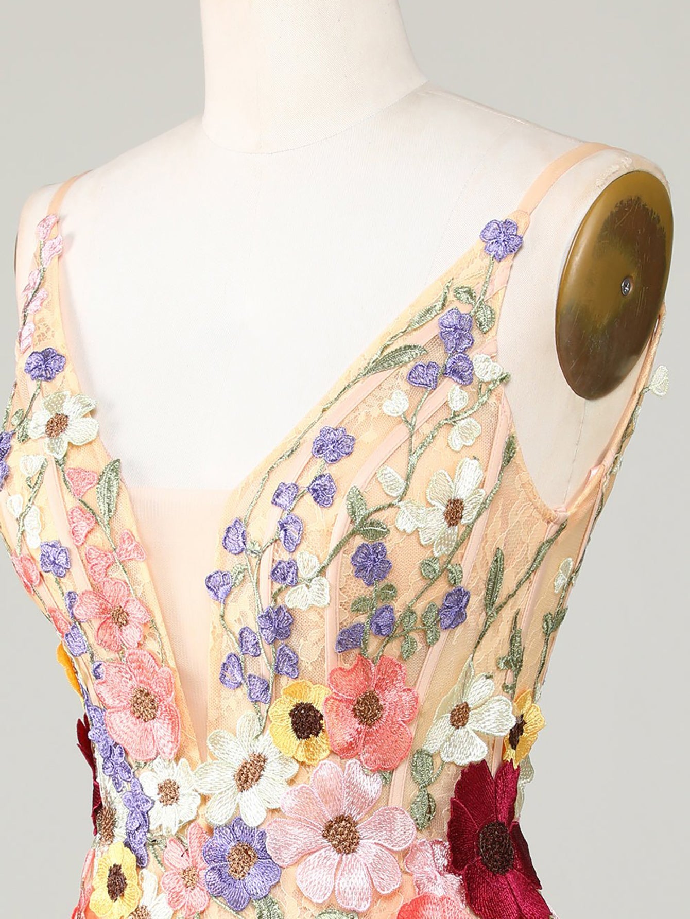 Deep V-Neck Champagne Short Homecoming Dress with 3D Flowers - Fashionpara