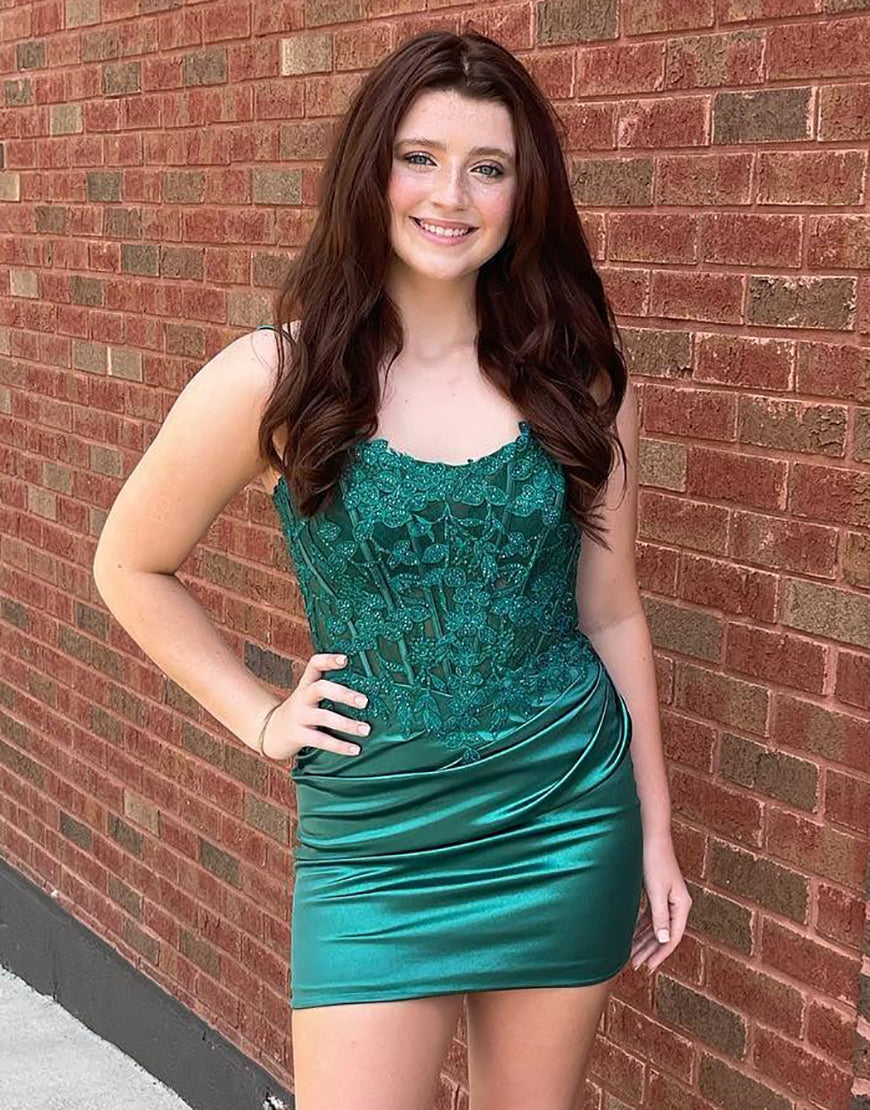 Bodycon Double Straps Satin Homecoming Dress With Appliques
