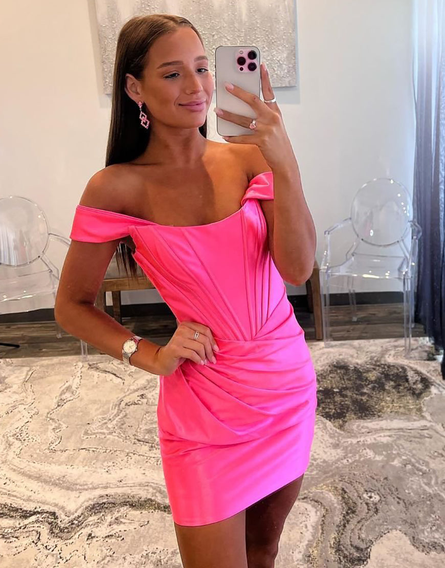 Bodycon Off The Shoulder Satin Homecoming Dress With Pleating