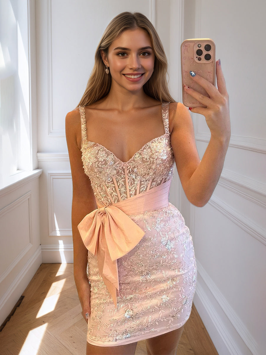 Bodycon Sweetheart Lace Short Homecoming Dress with Bowknot