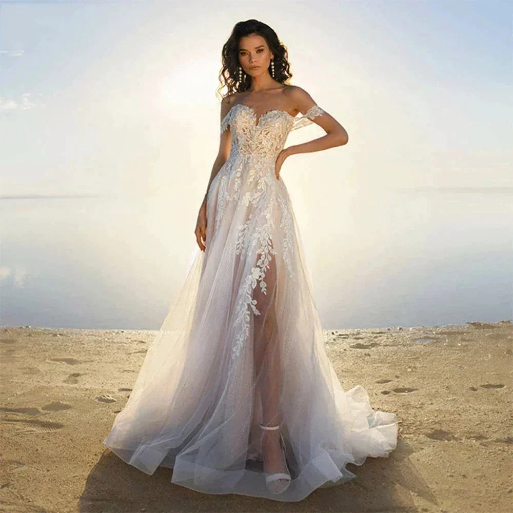 Bohemia Off Shoulder Wedding Dresses Women's Elegant Sleeveless Retro Sweet Lace Decal A-Line Backless Bridal Gowns Vestidos De (ZD14166)