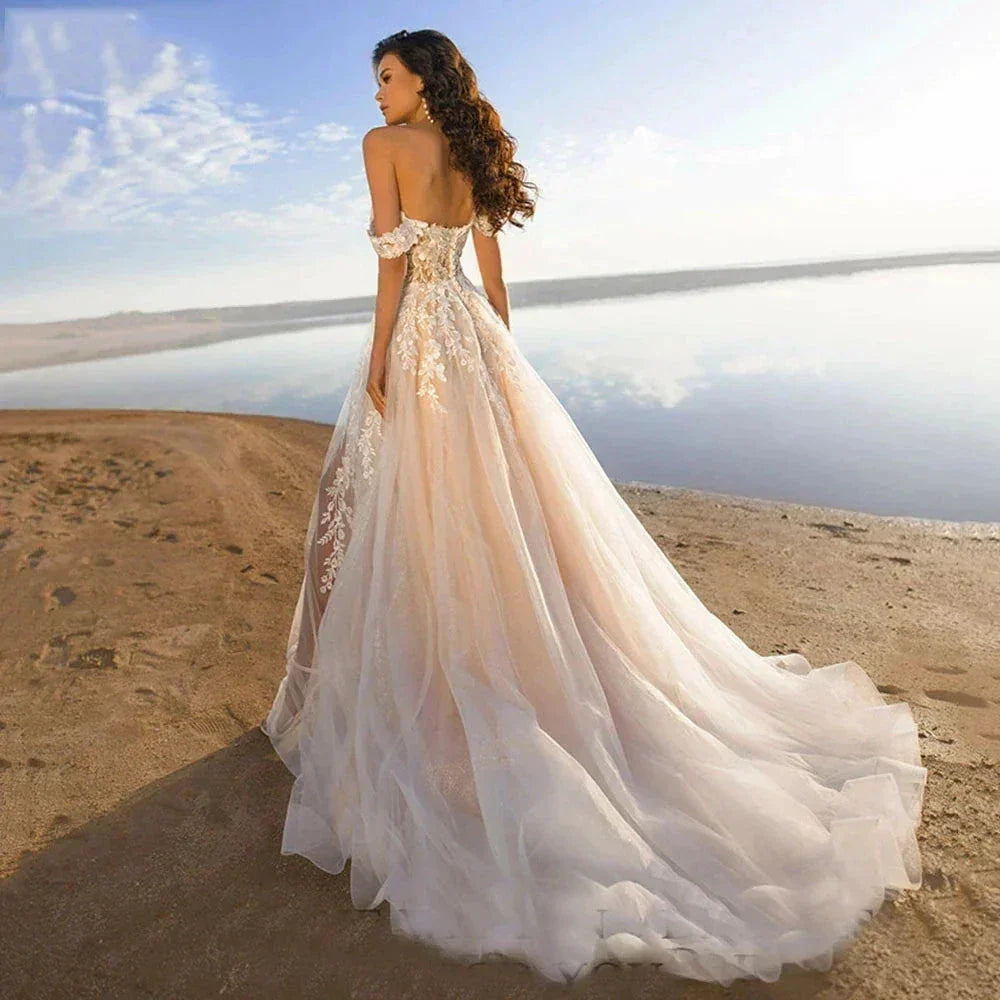 Bohemia Off Shoulder Wedding Dresses Women's Elegant Sleeveless Retro Sweet Lace Decal A-Line Backless Bridal Gowns Vestidos De (ZD14166)