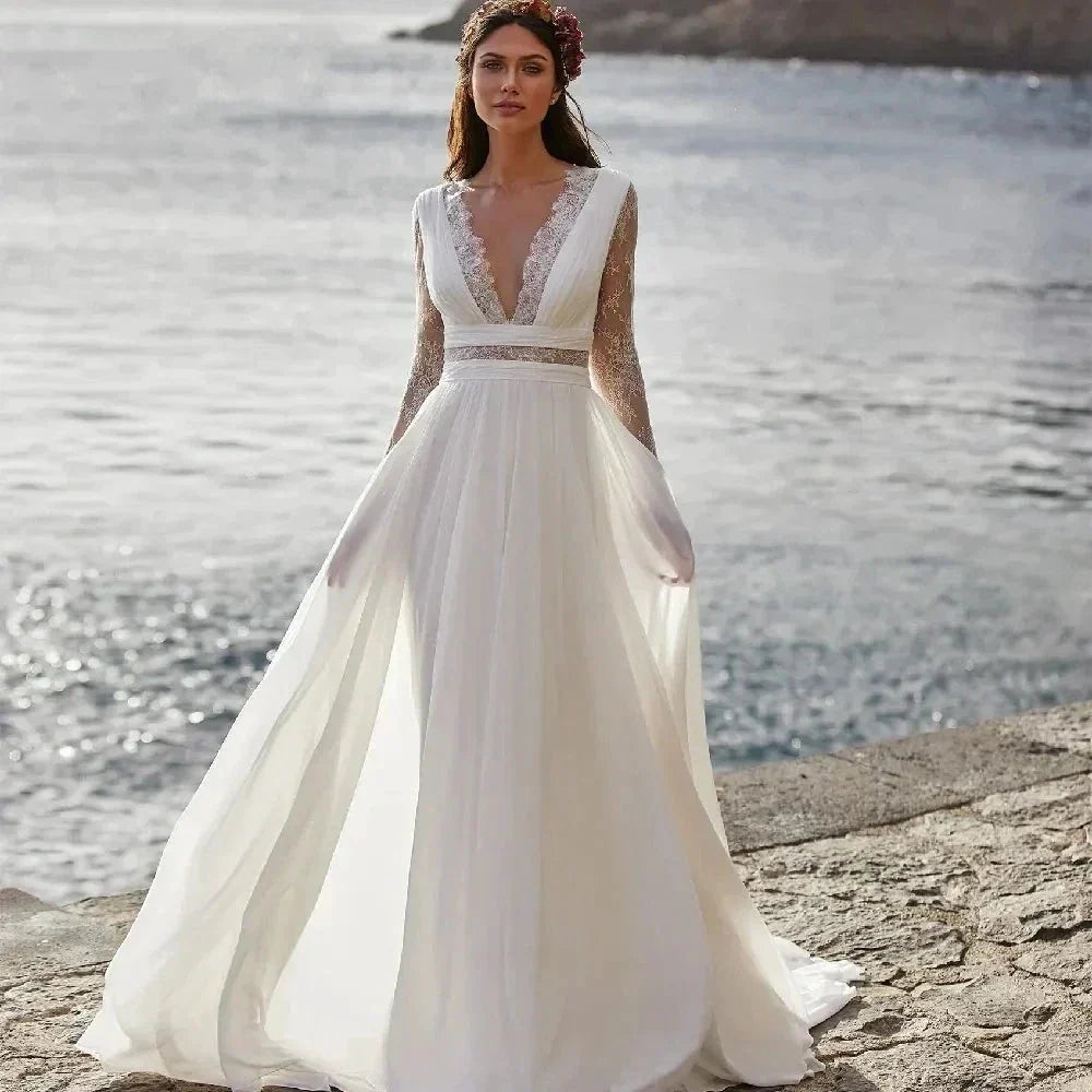 Wedding Dresses A-Line V-Neck Bridal Gowns Long Sleeves Chiffon And Satin Robes For Formal Party 2024 Vestidos De Novia (ZD13548)
