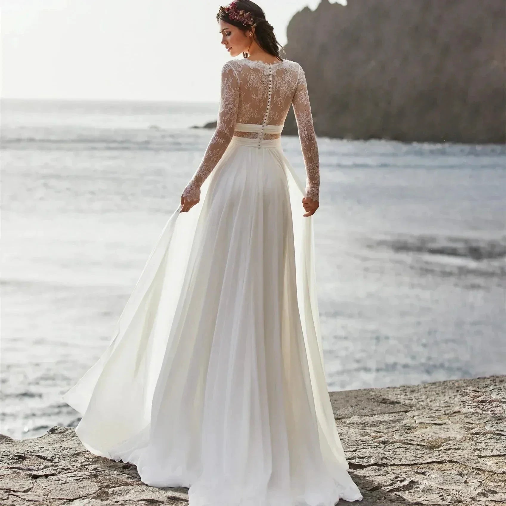 Wedding Dresses A-Line V-Neck Bridal Gowns Long Sleeves Chiffon And Satin Robes For Formal Party 2024 Vestidos De Novia (ZD13548)